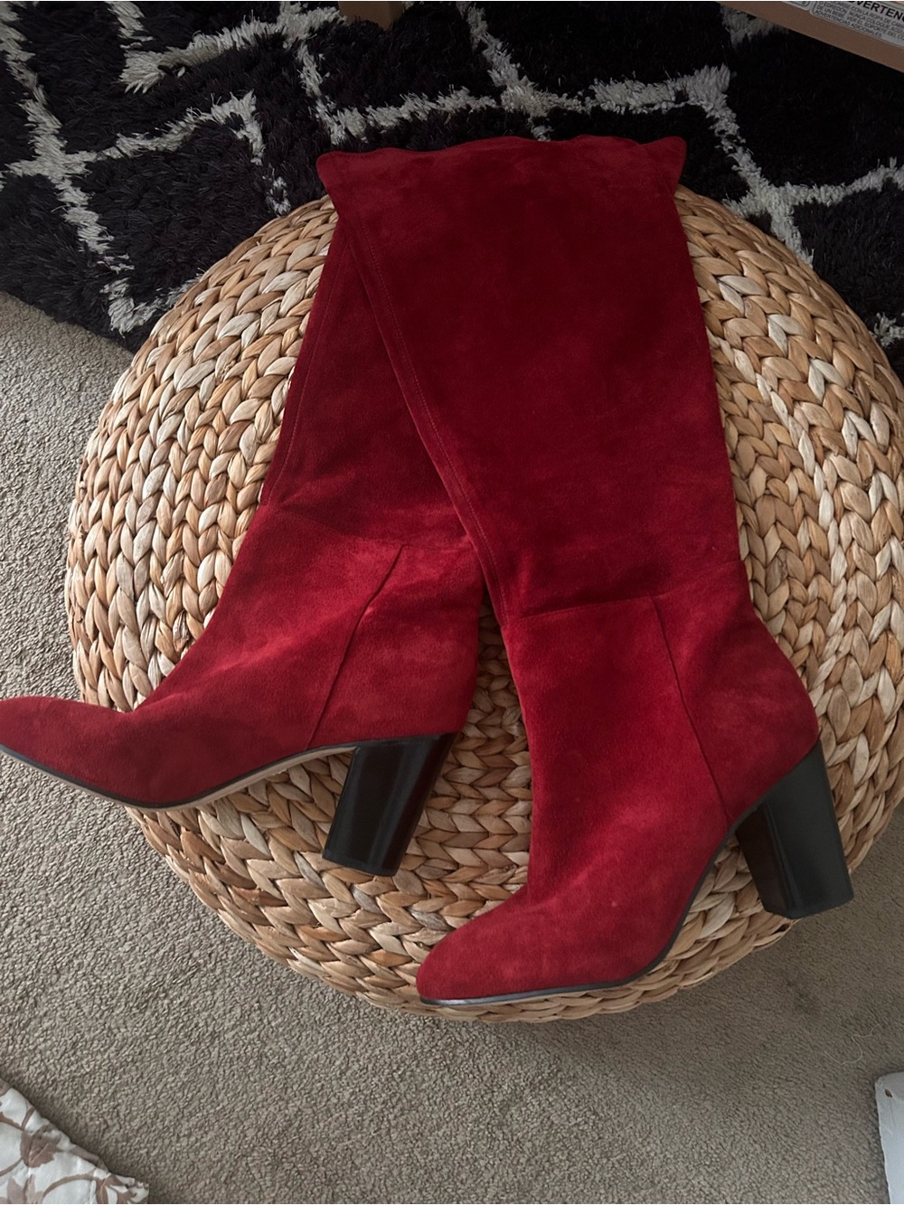 Karl Lagerfeld Red Suede Over-the-Knee Block Heel Boots